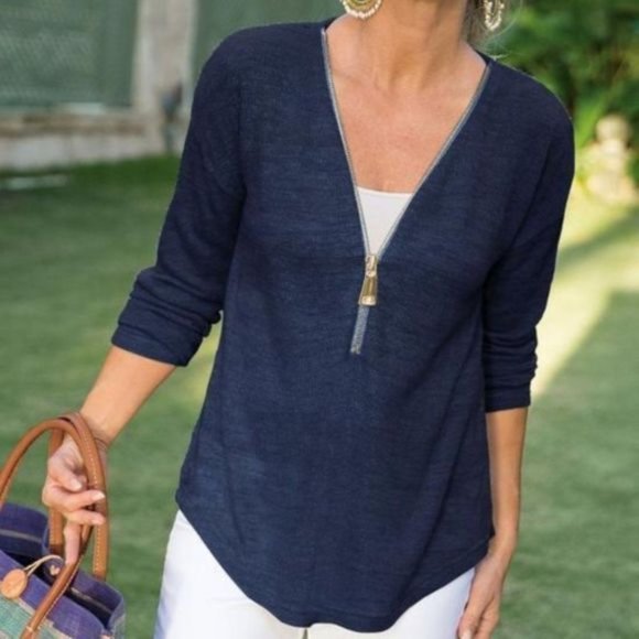 Soft Surroundings Sweaters - Soft Surroundings Valentina Zip Sweater Navy Small